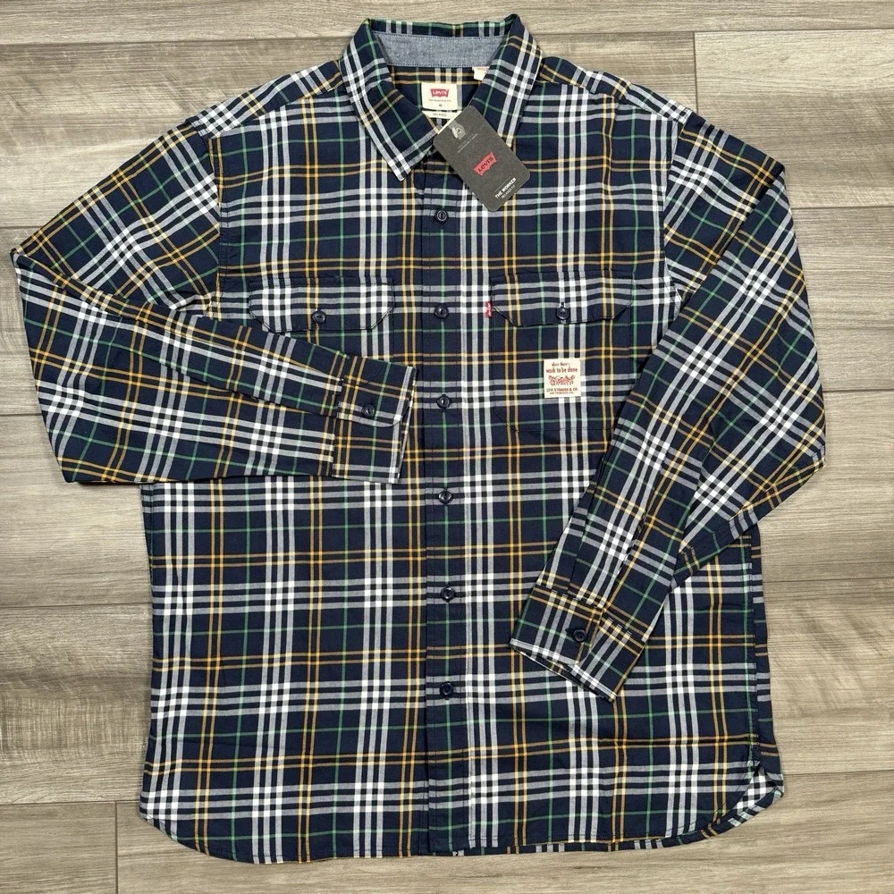 Levi's Mens M Worker Relaxed Fit Plaid Button Down Shirt Navy Blue Green NWT